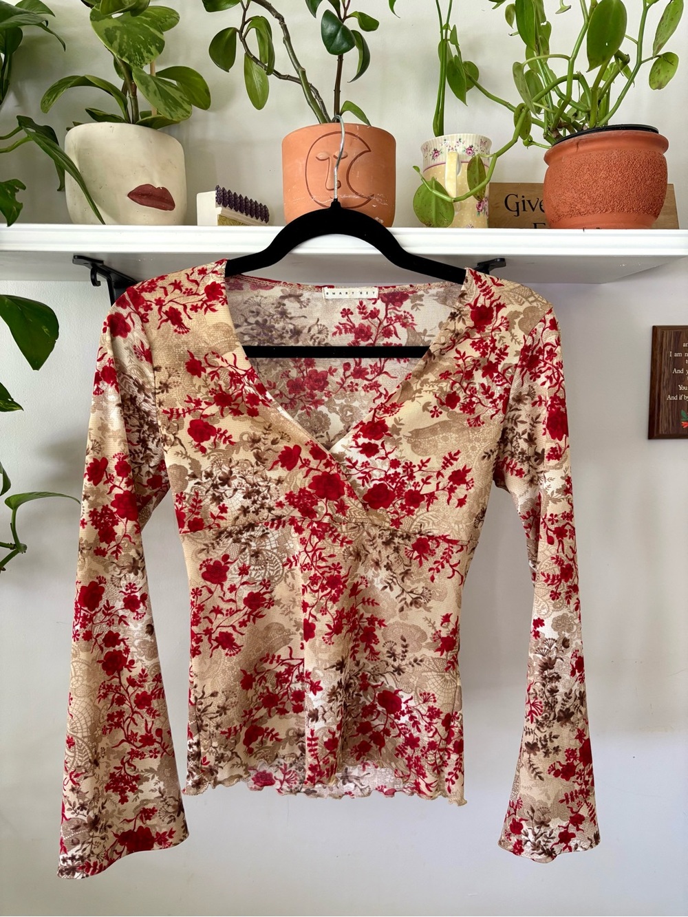 Floral Wrap-Style Long Sleeve Top - Red & Cream